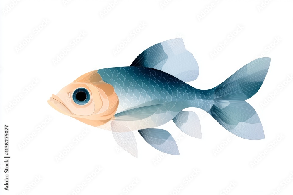 Poster a minimalist illustration of a fish silhouette, created with clean lines and soft gradients in blue 