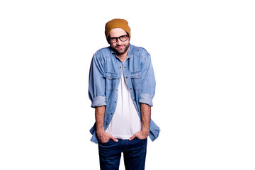 Portrait of his he nice attractive discontent bearded guy holding hands in pockets avoiding ignoring participation isolated over bright vivid shine violet lilac purple background