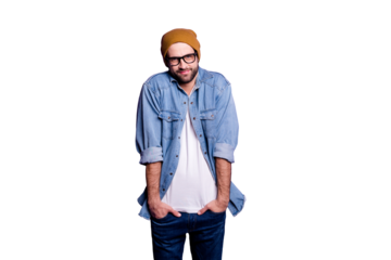 Portrait of his he nice attractive discontent bearded guy holding hands in pockets avoiding ignoring participation isolated over bright vivid shine violet lilac purple background