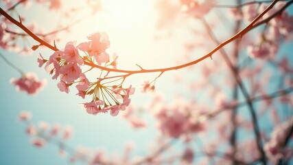 Soft pink cherry blossoms bathed in warm sunlight, a delicate floral spectacle against a blue sky