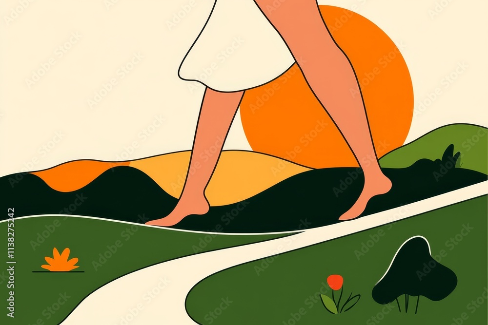 Poster a minimalist illustration of bare feet walking on a curved line symbolizing a path, rendered in clea