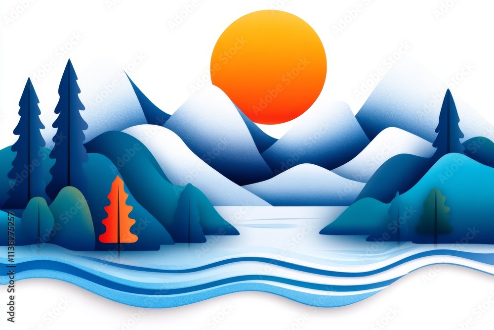 Poster a minimalist illustration of fjord water, with simple curved lines representing gentle ripples and m