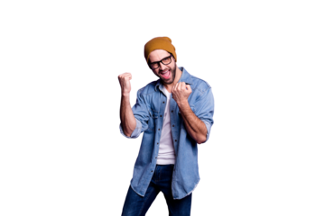 Portrait of his he nice attractive content cheerful cheery satisfied bearded guy celebrating good luck lottery winning isolated over bright vivid shine violet lilac purple background