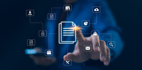 Businessman touching with icon document management, data sharing and secure storage.  Concept of...