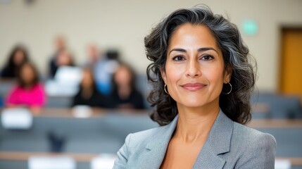 Naklejka premium An elegantly dressed grey-haired woman stands smiling confidently in a classroom or lecture environment with students in the background looking attentive.