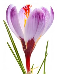 Fototapeta premium Saffron flower close up highlighting its delicate purple petals, red stigma, and green leaves on a white backdrop