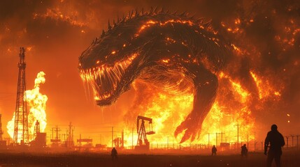 A glowing alien beast rampaging through a Texas oil field, with flaming rigs and startled workers in the background