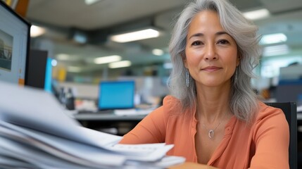 A confident woman with gray hair sits at a desk in a bustling corporate office, exuding calm and assurance amidst stacks of paperwork and busy surroundings.