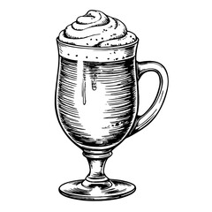 Vintage black and white sketch of Irish coffee in elegant glass, nostalgia