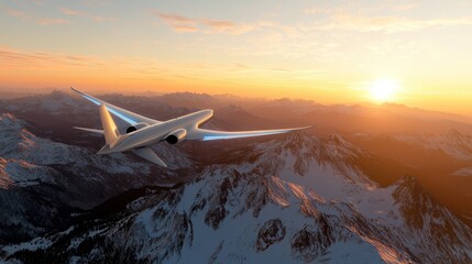 Fototapeta premium An aircraft elegantly flies over mountain peaks during a vibrant sunset, capturing the awe-inspiring beauty of nature and symbolizing freedom and global connection.