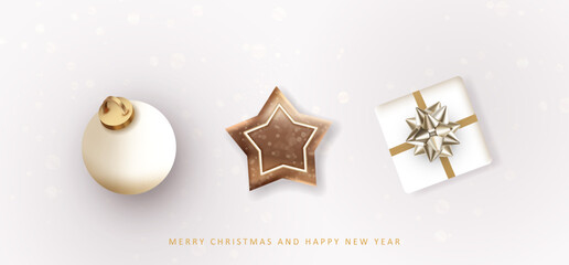 Fototapeta premium Set of element Christmas decoration on gray background. Christmas gift box, white 3d ball and ginger cookie star. Xmas realistic card. Vector greeting Holiday design.