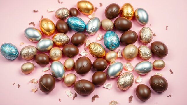 A delicate scattering of chocolate, silver, and gold Easter eggs on a soft pink background