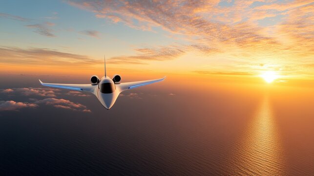 A luxurious private jet gracefully traverses a serene sunset sky, embodying sophistication, exclusivity, and the seamless elegance of modern air travel.