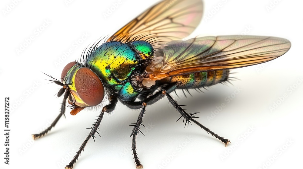 Poster a close-up image of a colorful fly showcasing its intricate features and vibrant colors.