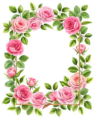 Square Floral Frame Featuring Pink Roses and Green Leaves