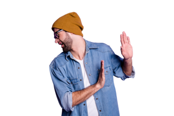 Portrait of his he nice attractive displeased bearded guy avoiding unpleasant news attack conflict fight isolated over bright vivid shine violet lilac background