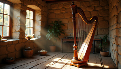Celtic harp illuminated by sunlight in a rustic room with stone walls and natural decor