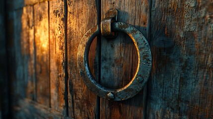 A weathered horseshoe nailed above a rustic wooden door, illuminated by soft golden hour light, with intricate wood grain details and a warm, inviting ambiance, hd quality, natural look. --ar 16:9