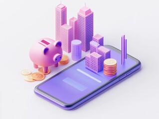 Fototapeta premium Piggy bank, coins, and city on smartphone.