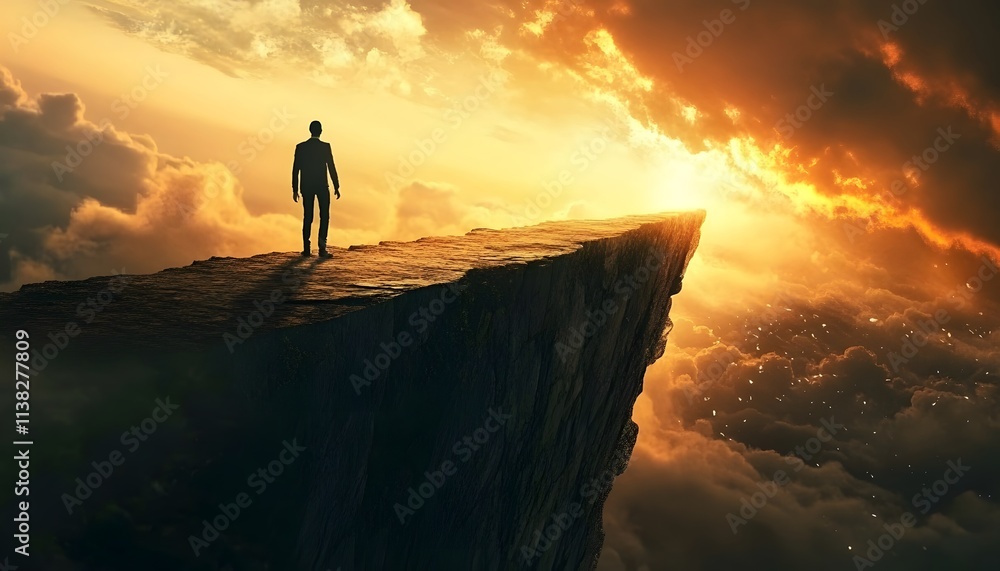 Aufkleber man standing on a cliff edge overlooking a dramatic sunset with clouds and golden light in a surreal