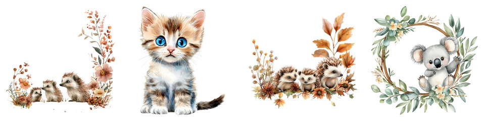 Obraz premium cute animal concept. Cute animals with floral designs in a whimsical arrangement on a dark background. on Transparent background.