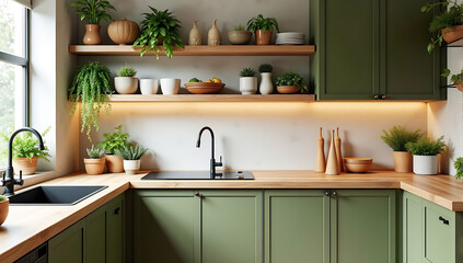 A nature-inspired kitchen with olive-green cabinets, a wooden countertop, and open shelving made from reclaimed wood. The space is accented with black matte fixtures and a terrazzo backsplash