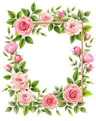 Square Floral Frame Featuring Pink Roses and Green Leaves