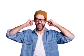 Portrait of his he nice attractive fury aggressive crazy bearded guy closing ears with fingers screaming isolated over bright vivid shine violet lilac background