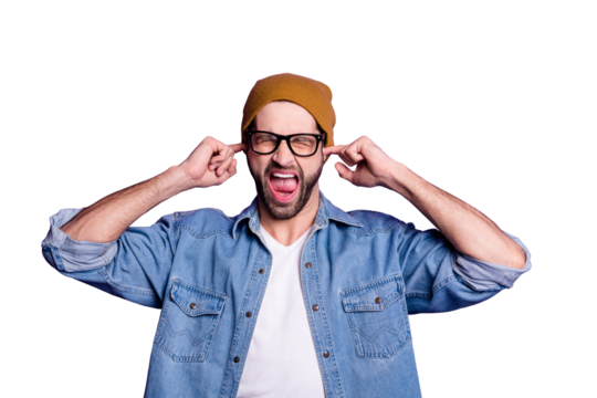 Portrait of his he nice attractive fury aggressive crazy bearded guy closing ears with fingers screaming isolated over bright vivid shine violet lilac background