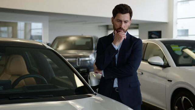 Caucasian man client buyer owner consumer salon buying purchase thinking male guy thoughtful businessman pensive choose choice decision car auto automobile electric transport doubtful ponder business