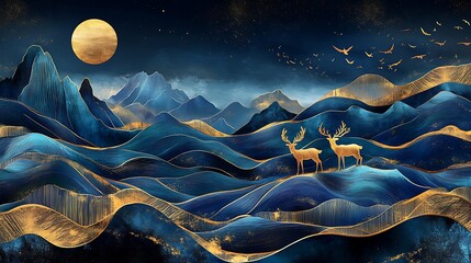 A 3D modern art mural wallpaper featuring a stunning dark blue and golden wave backdrop. 