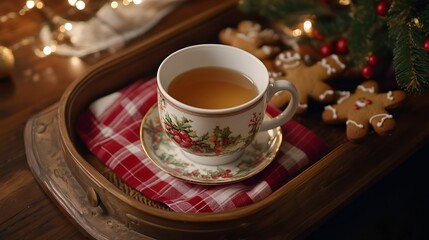 Festive Cup of Tea with Gingerbread Cookies and Christmas Decor