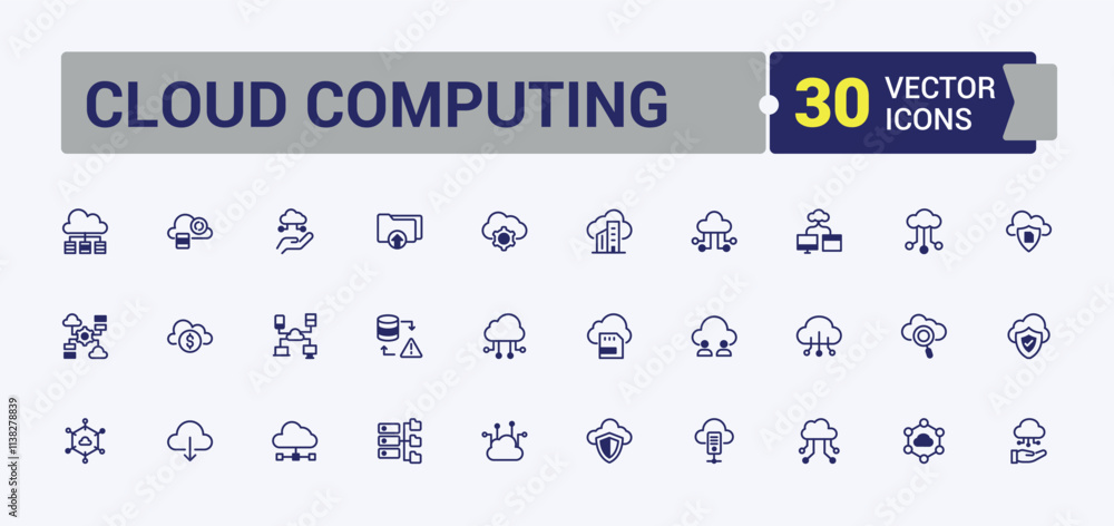 Poster cloud computing linear icon collection. includes thin line upload, communication, hosting, data, com