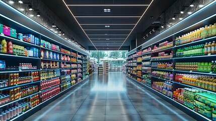 Modern, well-lit supermarket aisle with diverse grocery products.