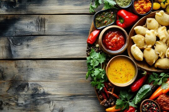 Colorful Display of Authentic Indian Cuisine Featuring Savory Dumplings, Fresh Ingredients, and a Variety of Flavorful Dipping Sauces on Rustic Wooden Table