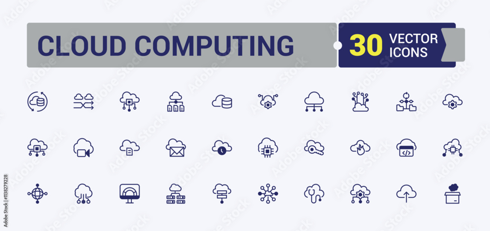 Poster cloud computing linear icon collection. includes thin line upload, communication, hosting, data, com