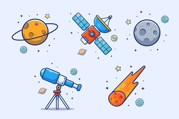 Space Planet With Moon, Meteorite, Satellite, Telescope Cartoon Vector Design Illustrations Pack © catalyststuff