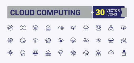 Cloud Computing linear icon collection. Includes thin line upload, communication, hosting, data, computer, storage, system, database. Minimal icons. Vector outline and solid icons collection.