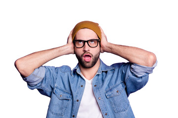 Close-up portrait of his he nice attractive bored tired bearded guy closing ears with palms...