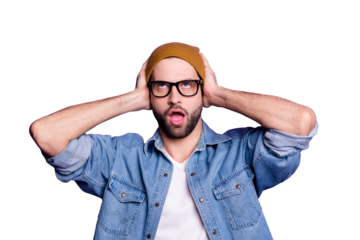 Close-up portrait of his he nice attractive bored tired bearded guy closing ears with palms avoiding fight information silence isolated over bright vivid shine violet lilac background