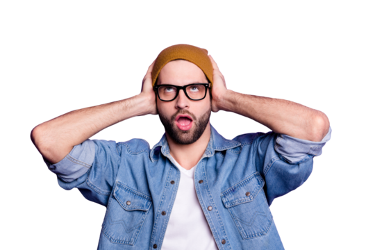 Close-up portrait of his he nice attractive bored tired bearded guy closing ears with palms avoiding fight information silence isolated over bright vivid shine violet lilac background