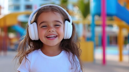 A young girl with free-flowing hair wears white headphones and a white t-shirt, laughing joyfully while listening to music against a lively outdoor backdrop.