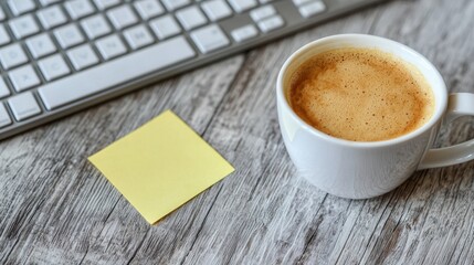 Morning coffee break office workspace beverage casual environment close-up view productivity boost