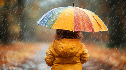 Back view of a little girl in yellow raincoat with colorful umbrella standing in the rain