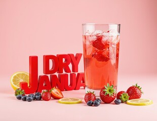 Dry January text with red mocktail, strawberries, blueberries, and lemon slice on a pink background. Healthy alcohol-free drink concept. Design for banners, posters, and invitations.