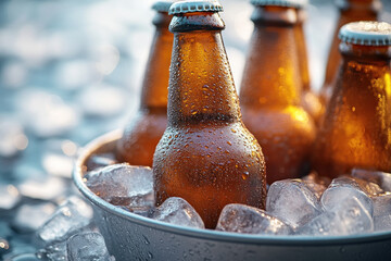 Chilled glass beer bottles in ice.