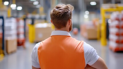 The image shows a warehouse employee in a bright orange vest, standing with their back to the camera, surrounded by boxes and organized shelving systems.