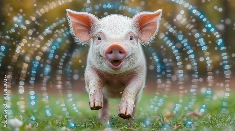 Poster happy piglet running in a field of grass with a bokeh effect.