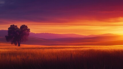 A dramatic savannah sunset with brilliant colors in the sky, blending deep oranges and purples. In the foreground, acacia trees dot the landscape,