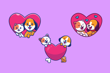 Cute Dog And Cat Love Couple With Heart Vector Design Illustrations Pack